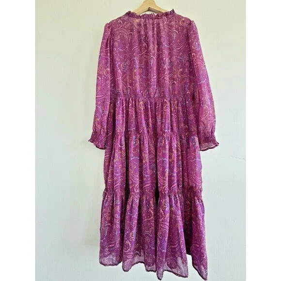 Beach Lunch Lounge Floral Cottagecore Tiered Midi Dress XL long sleeve Coastal - Picture 4 of 11